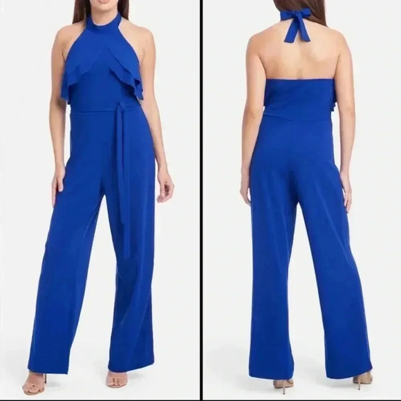 Bebe Halter Jumpsuit Double Ruffle Collar Cobalt Blue 4 / S NWT - Picture 4 of 4
